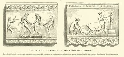 Antike römische Basreliefs, die eine Weinlese und eine Szene auf den Feldern darstellen von French School