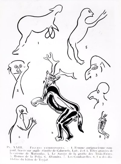 Anthropoide Figuren in prähistorischen Höhlen, aus Les Artistes Préhistoriques von Morin-Jean, 1933 von French School