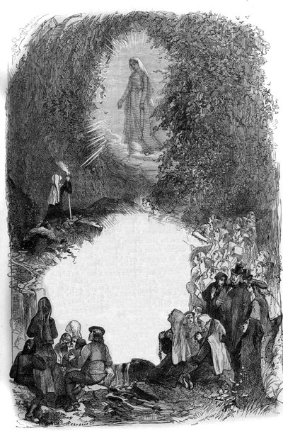 Erscheinung der Jungfrau Maria vor Bernadette Soubirous (1844-1879) in der Grotte von Lourdes, Hautes Pyrenees (65) von French School