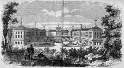 Architektur: Gesamtansicht des Militärkrankenhauses von Vincennes (1858). Gravur in „Le Monde Illustré“ Nr. 61 vom 12. Juni 1858. von French School