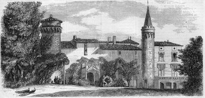 Architektur: Ansicht des Schlosses von Saint Point (Saint-Point) (13. Jahrhundert), Residenz von Alphonse de Lamartine. Saône-et-Loire (71). Gravur in „Le Monde Illustré“ Nr. 29 vom 31. Oktober 1857. von French School