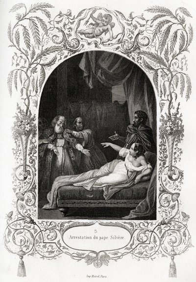 Verhaftung von Papst Silvere (Silvester) (Papst von 536 bis 537). Gravur zur Illustration der „Geschichte der Päpste“ von Maurice Lachatre (1814-1900) von French School