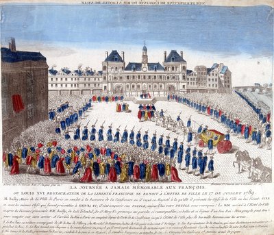 Ankunft von Ludwig XVI. im Hôtel de Ville de Paris am 17. Juli 1789 - Gravur von French School
