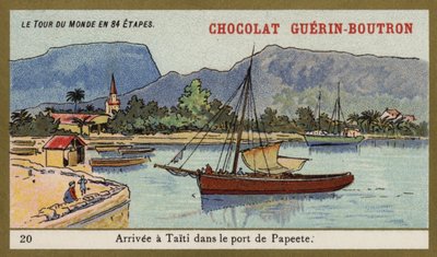 Ankunft im Hafen von Papeete, Tahiti (Chromolithografie) von French School