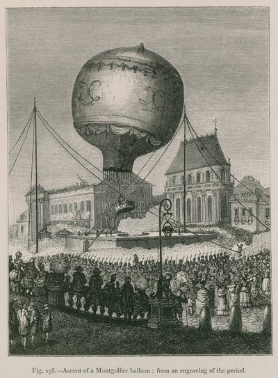 Aufstieg eines Montgolfière-Ballons (nach einer zeitgenössischen Gravur) von French School