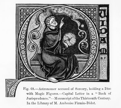 Astronom, der der Hexerei beschuldigt wird, hält eine Scheibe mit magischen Figuren, aus dem Buch der Jurisprudenz, Illustration aus Wissenschaft und Literatur im Mittelalter und der Renaissance von French School