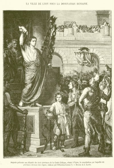 Augustus präsentiert den Abgeordneten der drei Provinzen der keltischen Gallien, die in Lyon versammelt sind, die Verfassung, nach der diese Provinzen regiert werden sollen (Stich) von French School