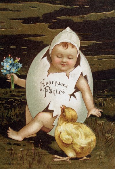 Baby in einem Ei neben einem Küken - Ostergrußkarte von French School