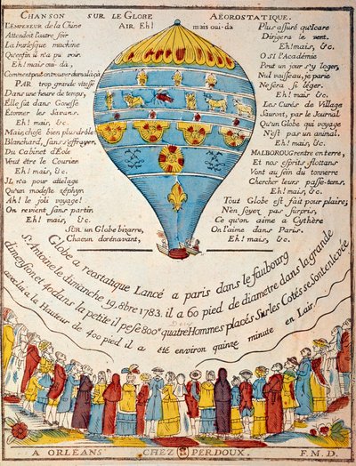 Ballonfahrt: Experiment der Brüder Montgolfier am 19. Oktober 1783 im Garten von Monsieur Reveillon, Faubourg Saint Antoine in Paris. Zeitgenössische Gravur. Paris, B.N. von French School