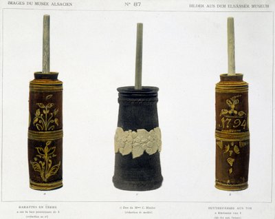 Butterfässer (zur Herstellung von Butter) in bearbeiteter Keramik, erhalten im Elsässischen Museum, ca. 1800 von French School