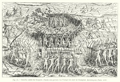 Schlacht gegen die Irokesen; nach einem Stich aus den Reisen des Herrn von Champlain, Xaintongeois, Paris von French School