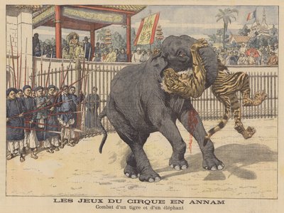 Kampf zwischen einem Elefanten und einem Tiger in einem Zirkus in Annam, Indochina von French School