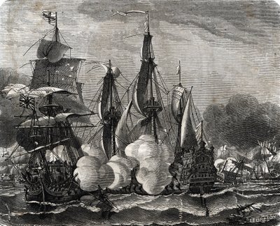 Schlacht von Bantry Bay, Seeschlacht am 11. Mai 1689, eine Woche vor der Erklärung des Neunjährigen Krieges (Gravur aus Lahure) von French School