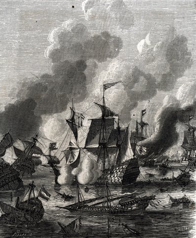 Schlacht von Lagos war eine Seeschlacht während des Neunjährigen Krieges am 27. Juni 1693 (Gravur) von French School