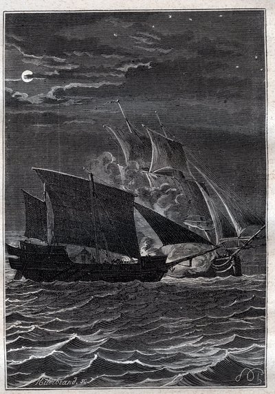 Schlacht der Schwalbe und eines malaysischen Piratenschiffs: Das Schiff Swallow von Philip Carteret oder Philippe de Carteret (1733-1796) kämpfte 1767 in den indonesischen Gewässern gegen ein malaysisches Piratenschiff - Illustration aus „Die großen Seefah von French School