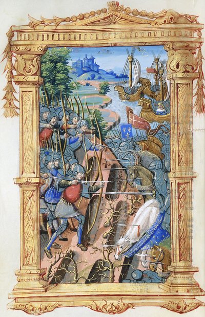 Schlachtenszene zwischen Bogenschützen und Kavallerie, mit Burg und Schiffen, ca. 1495-1500 von French School