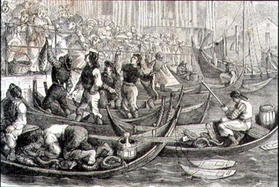 Fischmarkt in Bergen in den 1860er Jahren von French School