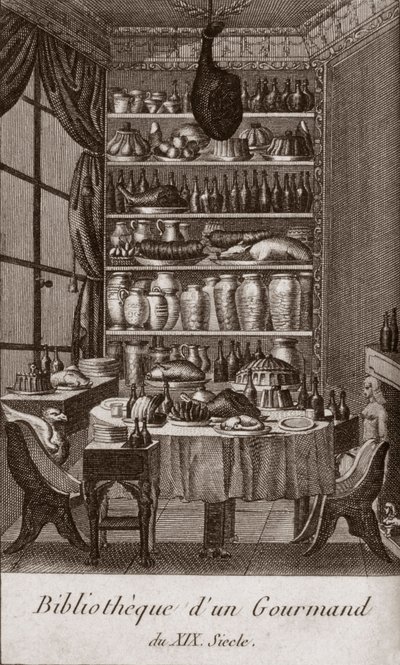 Bibliothek eines Gourmets des 19. Jahrhunderts - Gravur in „Almanach des Gourmands, als Leitfaden für die Zubereitung exzellenter Speisen. Von einem alten Liebhaber“ von Alexandre Balthazar Laurent Grimod de la Reyniere - 1804-1812 von French School