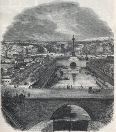 Vogelperspektive des Canal Saint-Martin (Saint Martin), des Platzes und des Bastille-Viertels, aufgenommen vom rechten Ufer der Seine - Gravur in „Tableau-de-Paris“ von Edmond Texier 1852 von French School