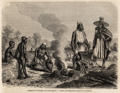 Schmied bei der Arbeit in Fouta Djalon (Senegal), Zeichnung von Hadamard, zur Illustration der Reise von Leutnant Lambert nach Fouta Djalon im Jahr 1860. Gravur in „Le tour du monde“ 1861. Selvas Sammlung. von French School