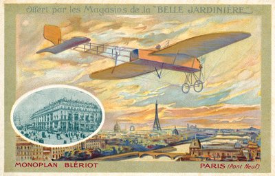 Bleriot-Eindecker und eine Ansicht von Paris mit der Pont Neuf von French School