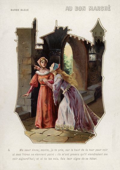 Blaubarts Frau sagt ihrer Schwester Anne, sie solle auf den Turm des Schlosses steigen und nach ihren Brüdern Ausschau halten (Chromolithografie) von French School