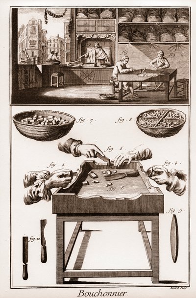 Bouchonnier, Herstellung von Korkstopfen - „La Grande Encyclopedie, ou Dictionnaire Raisonne des Sciences, des Arts et des Metiers“ von Denis Diderot und Jean d