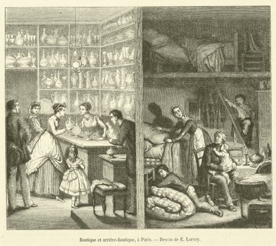 Laden und Hinterzimmer in Paris (Gravur) von French School