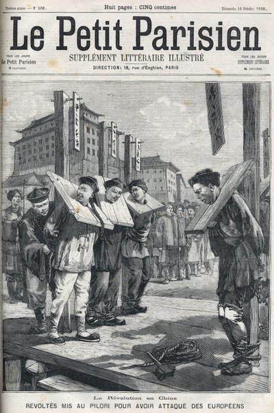 Boxeraufstand in China im Jahr 1898: Aufständische an den Pranger gestellt wegen Angriffs auf Europäer. Titelblatt von „Le petit parisien“ von 1898. von French School