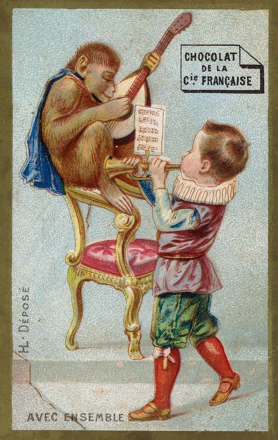 Junge und Affe spielen zusammen Musikinstrumente (Chromolithografie) von French School