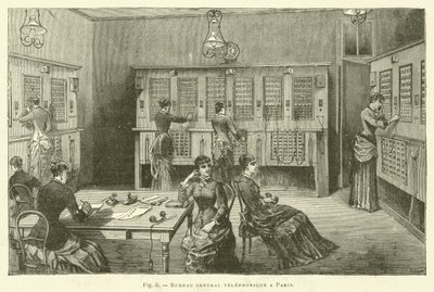 Zentrales Telefonbüro in Paris (Gravur) von French School