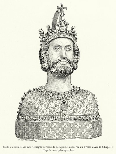 Vergoldete Büste von Karl dem Großen als Reliquiar, aufbewahrt im Schatz von Aachen (Gravur) von French School