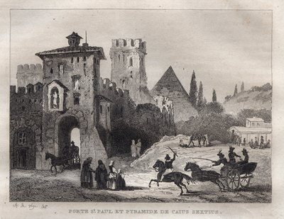 Caius Cestius Pyramide und Tor von St. Paul in Rom - Gravur aus „Picturesque Italy“ - Historische und beschreibende Darstellung von Italien“ von M. de Norvins, Ch. Nodier 1834-1836 von French School