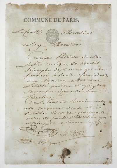 Aufruf von Maximilien de Robespierre zur Teilnahme an der Kommune, 9. Thermidor Jahr 2 (27. Juli 1794) von French School