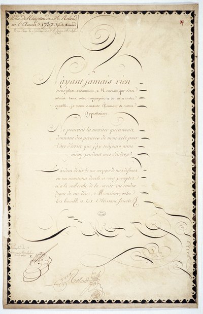 Kalligraphie: Empfangsstück datiert 1737 von Andre Francois Roland. von French School