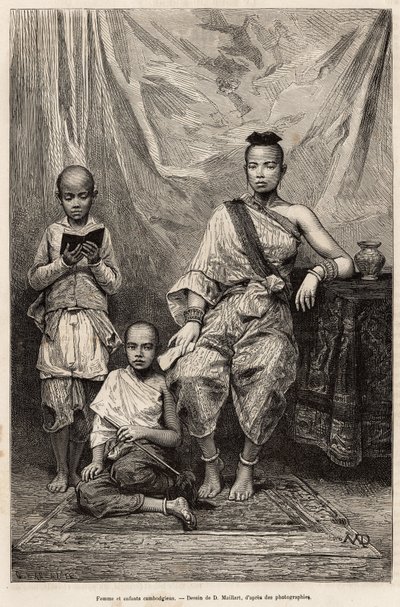 Kambodschanische Frau und Kinder, Gravur nach einer Zeichnung von D. Maillart, zur Illustration der Reise nach Cochinchina, von Dr. Morice, 1872, veröffentlicht in „Le tour du monde“ 1875, herausgegeben von Edouard Charton, Hachette-Ausgabe, Paris. Selva-S von French School