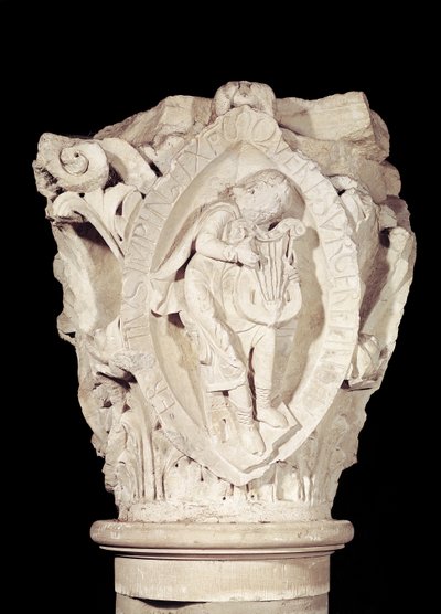 Kapitel, das den dritten Schlüssel des Plainsongs mit einem Lautenspieler darstellt, ca. 1095 von French School