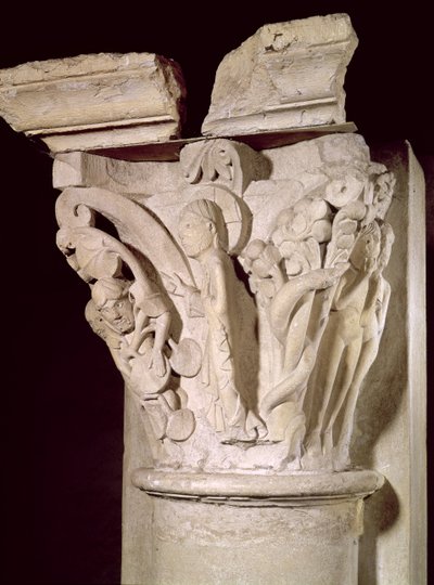Kapitell mit einem Relief, das Adam und Eva darstellt von French School