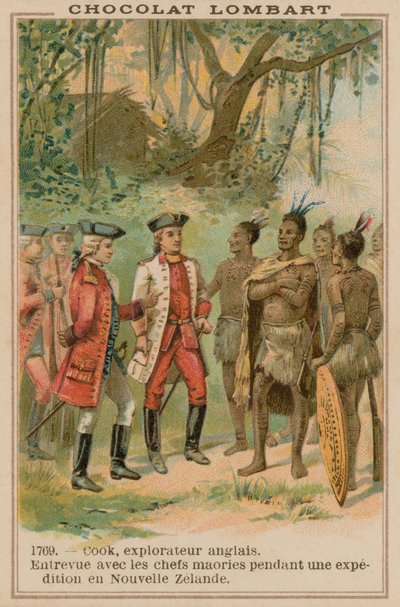 Kapitän James Cook trifft Maori-Häuptlinge in Neuseeland, 1769 von French School