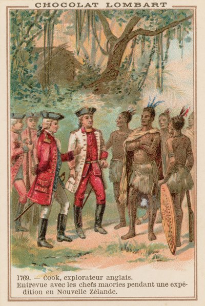 Kapitän James Cook trifft Maori-Häuptlinge in Neuseeland, 1769 von French School