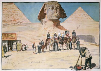 Karawane von Touristen wird vor der Sphinx in Gizeh fotografiert von French School