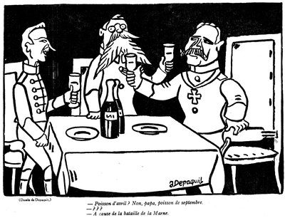 Karikatur eines deutschen Soldaten und seines Vaters mit einer satirischen Anspielung auf die deutsche Katastrophe an der Marne, aus der April-Ausgabe von La Baionette, 29. März 1917 von French School