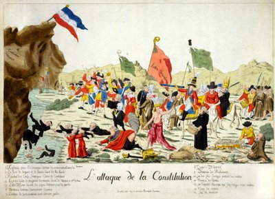 Karikatur zeigt Mitglieder verschiedener Gruppen, die einen Felsen angreifen, der als „Französische Verfassung“ identifiziert ist, auf dem die französische Flagge mit der Inschrift „Liberté“ ruht. Gruppen sind nummeriert und unten im Text identifiziert. 17 von French School