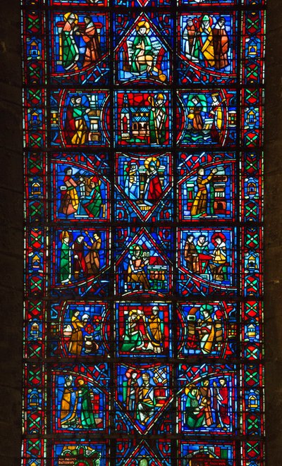 Kathedrale von Chartres, Buntglas: Leben des heiligen Fulbert, Bischof von Chartres im 11. Jahrhundert, Detail von French School