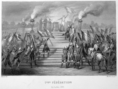 Feier der 1. Nationalen Föderation am 14. Juli 1790 auf dem Altar des Vaterlandes im Champs-de-Mars, anlässlich des 1. Jahrestages der Erstürmung der Bastille - in „Fasttes de Gardes nationales de France“ von French School