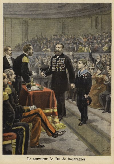 Zeremonie zu Ehren von Herrn Le Du, einem Retter aus Douarnenez, Bretagne, 1897 von French School