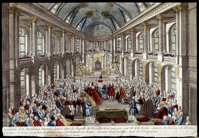 Zeremonie des Brautsegen in der Kapelle von Versailles am 16. Mai 1770 durch Louis Auguste, Dauphin von Frankreich (Louis XVI), und Marie Antoinette von Österreich - Gravur von French School