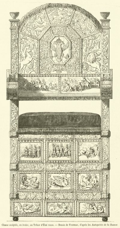 Geschnitzter Stuhl aus Elfenbein im russischen Staatsschatz (Gravur) von French School