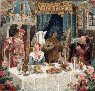 Kammerherr Jehan de Saintre serviert der Dame von Belles-Cousines bei einem Bankett im Schloss von Usse ein Getränk. Szene aus dem Roman "Le petit Jehan de Saintre" von Antoine de La Sale (ca. 1386-ca. 1462). Chromolithografie des späten 19. Jahrhunderts von French School