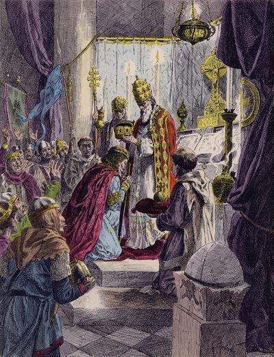 Karl der Große wird von Papst Leo III. zum Heiligen Römischen Kaiser gekrönt, Rom, 800 von French School